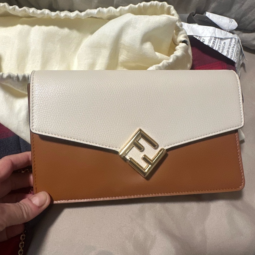 Fendi White and Brown Clutch with Gold Accent